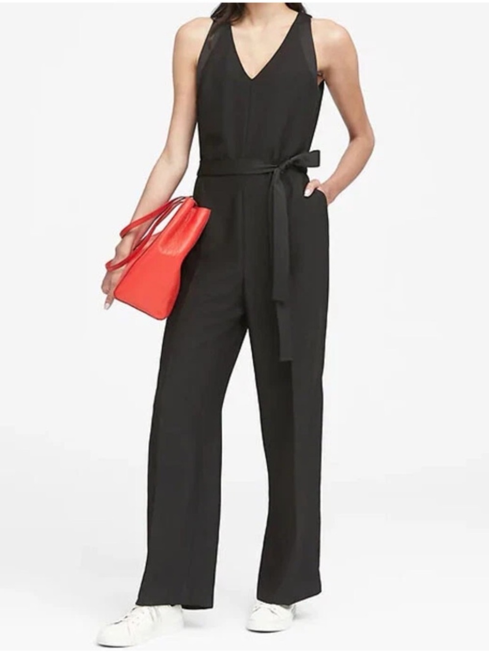 Banana Republic Black V-Neck Sleeveless Jumpsuit with Waist Tie